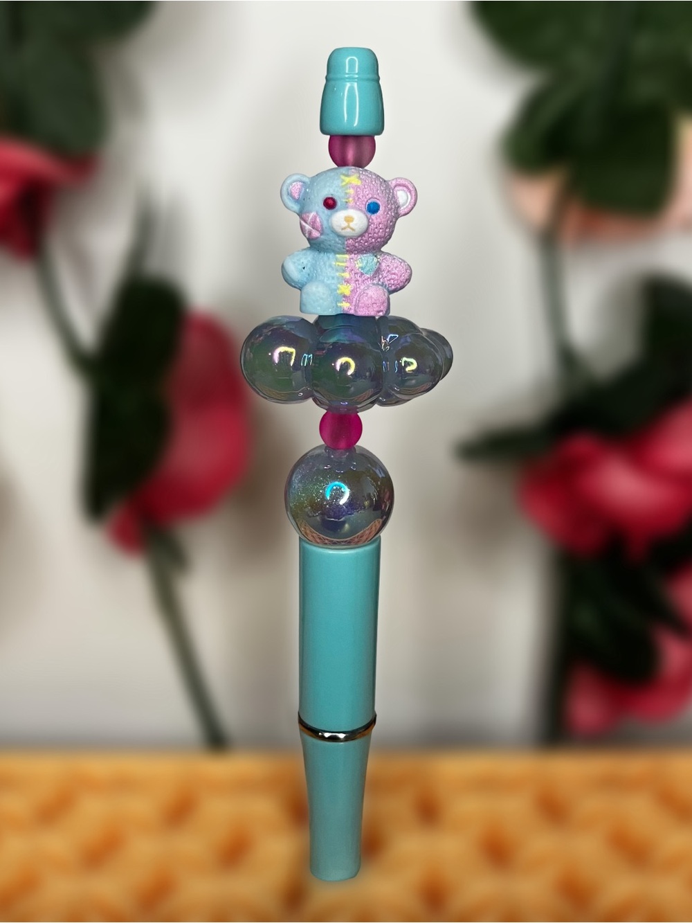 Blue Pink Emo Bear on a Blue Cloud Kawaii Handmade Beaded Pen